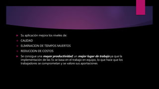  Su aplicación mejora los niveles de:
 CALIDAD
 ELIMINACION DE TIEMPOS MUERTOS
 REDUCCION DE COSTOS
 Se consigue una mayor productividad, un mejor lugar de trabajo ya que la
implementación de las 5s se basa en el trabajo en equipo, lo que hace que los
trabajadores se comprometan y se valore sus aportaciones
 