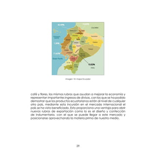 29
café y flores, los mismos rubros que ayudan a mejorar la economía y
representan importantes ingresos de divisas, con los que se ha podido
demostrar que los productos ecuatorianos están al nivel de cualquier
otro país, mediante esta incursión en el mercado internacional el
país se ha visto beneficiado. Esto proporciona una ventaja para abrir
nuevos rubros de exportación como lo es el diseño y confección
de indumentaria, con el que se puede llegar a este mercado y
posicionarse aprovechando la materia prima de nuestro medio.
Imagen 10: mapa Ecuador
 