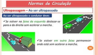 33
Ultrapassagem – Ao ser ultrapassado
Ao ser ultrapassado o condutor deve:
Se estiver na faixa da esquerda deslocar-se
para a da direita sem acelerar a marcha.
Se estiver em outra faixa permanecer
onde está sem acelerar a marcha.
Normas de Circulação
 