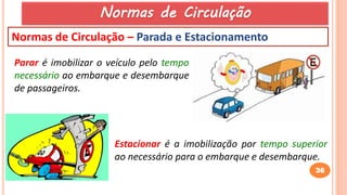 36
Normas de Circulação – Parada e Estacionamento
Parar é imobilizar o veículo pelo tempo
necessário ao embarque e desembarque
de passageiros.
Estacionar é a imobilização por tempo superior
ao necessário para o embarque e desembarque.
Normas de Circulação
 
