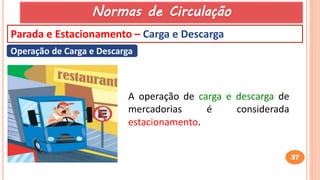 37
Parada e Estacionamento – Carga e Descarga
Operação de Carga e Descarga
A operação de carga e descarga de
mercadorias é considerada
estacionamento.
Normas de Circulação
 