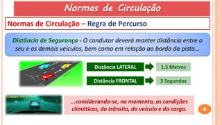 8
Normas de Circulação – Regra de Percurso
Distância de Segurança - O condutor deverá manter distância entre o
seu e os demais veículos, bem como em relação ao bordo da pista...
Distância LATERAL
Distância FRONTAL
1,5 Metros
3 Segundos
...considerando-se, no momento, as condições
climáticas, do trânsito, do veículo e da carga.
Normas de Circulação
 
