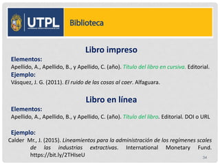 Libro impreso
Elementos:
Apellido, A., Apellido, B., y Apellido, C. (año). Título del libro en cursiva. Editorial.
Ejemplo:
Vásquez, J. G. (2011). El ruido de las cosas al caer. Alfaguara.
Libro en línea
Elementos:
Apellido, A., Apellido, B., y Apellido, C. (año). Título del libro. Editorial. DOI o URL
Ejemplo:
Calder Mr., J. (2015). Lineamientos para la administración de los regímenes scales
de las industrias extractivas. International Monetary Fund.
https://bit.ly/2THIseU 34
 