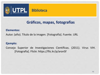 Gráficos, mapas, fotografías
Elementos:
Autor. (año). Título de la imagen. [Fotografía]. Fuente. URL
Ejemplo:
Consejo Superior de Investigaciones Científicas. (2011). Virus VIH.
[Fotografía]. Flickr. https://flic.kr/p/aronSf
46
 