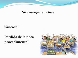 No Trabajar en clase



Sanción:

Pérdida de la nota
procedimental
 