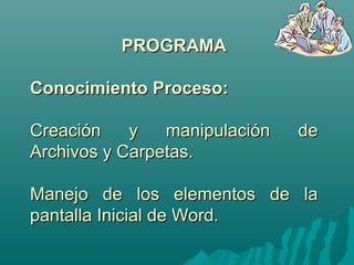 PPRROOGGRRAAMMAA 
CCoonnoocciimmiieennttoo PPrroocceessoo:: 
CCrreeaacciióónn yy mmaanniippuullaacciióónn ddee 
AArrcchhiivvooss yy CCaarrppeettaass.. 
MMaanneejjoo ddee llooss eelleemmeennttooss ddee llaa 
ppaannttaallllaa IInniicciiaall ddee WWoorrdd.. 
 