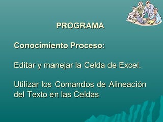 PPRROOGGRRAAMMAA 
CCoonnoocciimmiieennttoo PPrroocceessoo:: 
EEddiittaarr yy mmaanneejjaarr llaa CCeellddaa ddee EExxcceell.. 
UUttiilliizzaarr llooss CCoommaannddooss ddee AAlliinneeaacciióónn 
ddeell TTeexxttoo eenn llaass CCeellddaass 
 
