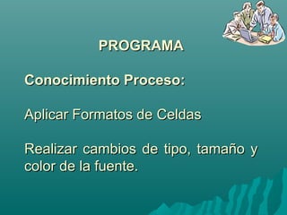 PPRROOGGRRAAMMAA 
CCoonnoocciimmiieennttoo PPrroocceessoo:: 
AApplliiccaarr FFoorrmmaattooss ddee CCeellddaass 
RReeaalliizzaarr ccaammbbiiooss ddee ttiippoo,, ttaammaaññoo yy 
ccoolloorr ddee llaa ffuueennttee.. 
 