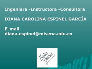 Ingeniera -Instructora -Consultora 
DIANA CAROLINA ESPINEL GARCÍA 
E-mail 
diana.espinel@misena.edu.co 
3300 

