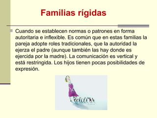 Cuando se establecen normas o patrones en forma autoritaria e inflexible. Es común que en estas familias la pareja adopte roles tradicionales, que la autoridad la ejerza el padre (aunque también las hay donde es ejercida por la madre). La comunicación es vertical y está restringida. Los hijos tienen pocas posibilidades de expresión. Familias rígidas  