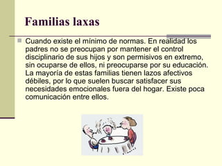 Familias laxas  Cuando existe el mínimo de normas. En realidad los padres no se preocupan por mantener el control disciplinario de sus hijos y son permisivos en extremo, sin ocuparse de ellos, ni preocuparse por su educación. La mayoría de estas familias tienen lazos afectivos débiles, por lo que suelen buscar satisfacer sus necesidades emocionales fuera del hogar. Existe poca comunicación entre ellos.  