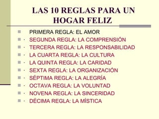 LAS 10 REGLAS PARA UN HOGAR FELIZ  PRIMERA REGLA: EL AMOR  ·  SEGUNDA REGLA: LA COMPRENSIÓN  ·  TERCERA REGLA: LA RESPONSABILIDAD  ·  LA CUARTA REGLA: LA CULTURA  ·  LA QUINTA REGLA: LA CARIDAD  ·  SEXTA REGLA: LA ORGANIZACIÓN  ·  SÉPTIMA REGLA: LA ALEGRÍA  ·  OCTAVA REGLA: LA VOLUNTAD  ·  NOVENA REGLA: LA SINCERIDAD  ·  DÉCIMA REGLA: LA MÍSTICA  