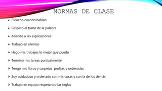NORMAS DE CLASE
 Escucho cuando hablan
 Respeto el turno de la palabra
 Atiendo a las explicaciones
 Trabajo en silencio
 Hago mis trabajos lo mejor que puedo
 Termino mis tareas puntualmente
 Tengo mis libros y carpetas prolijas y ordenadas
 Soy cuidadoso y ordenado con mis cosas y con la de los demás
 Trabajo en equipo respetando las reglas
 