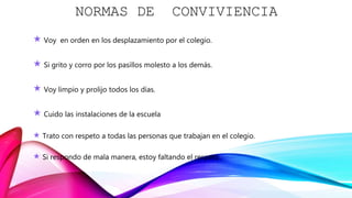  Voy en orden en los desplazamiento por el colegio.
 Si grito y corro por los pasillos molesto a los demás.
 Voy limpio y prolijo todos los días.
 Cuido las instalaciones de la escuela
 Trato con respeto a todas las personas que trabajan en el colegio.
 Si respondo de mala manera, estoy faltando el respeto
NORMAS DE CONVIVIENCIA
 