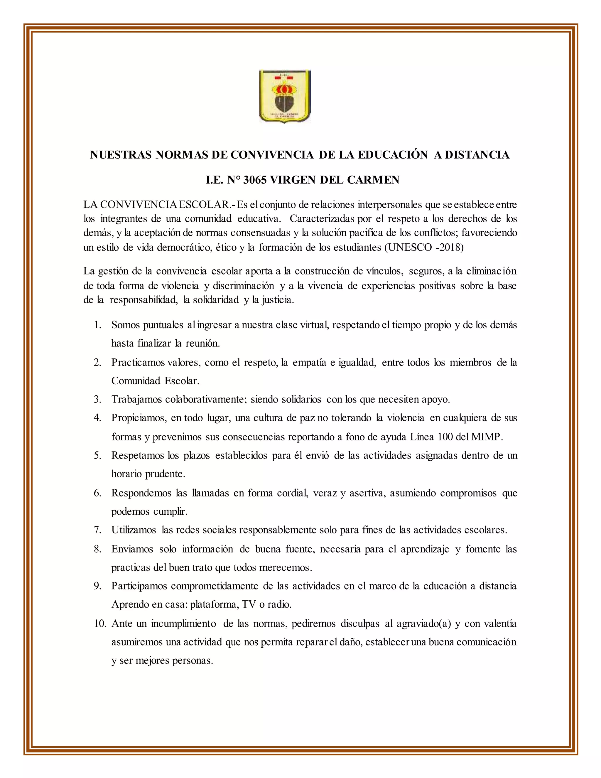 Normas de convivencia escolar ie 3065 | PDF