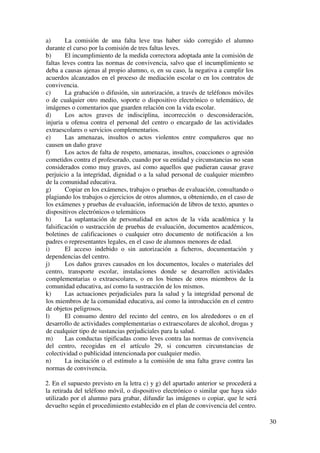 30
a) La comisión de una falta leve tras haber sido corregido el alumno
durante el curso por la comisión de tres faltas leves.
b) El incumplimiento de la medida correctora adoptada ante la comisión de
faltas leves contra las normas de convivencia, salvo que el incumplimiento se
deba a causas ajenas al propio alumno, o, en su caso, la negativa a cumplir los
acuerdos alcanzados en el proceso de mediación escolar o en los contratos de
convivencia.
c) La grabación o difusión, sin autorización, a través de teléfonos móviles
o de cualquier otro medio, soporte o dispositivo electrónico o telemático, de
imágenes o comentarios que guarden relación con la vida escolar.
d) Los actos graves de indisciplina, incorrección o desconsideración,
injuria u ofensa contra el personal del centro o encargado de las actividades
extraescolares o servicios complementarios.
e) Las amenazas, insultos o actos violentos entre compañeros que no
causen un daño grave
f) Los actos de falta de respeto, amenazas, insultos, coacciones o agresión
cometidos contra el profesorado, cuando por su entidad y circunstancias no sean
considerados como muy graves, así como aquellos que pudieran causar grave
perjuicio a la integridad, dignidad o a la salud personal de cualquier miembro
de la comunidad educativa.
g) Copiar en los exámenes, trabajos o pruebas de evaluación, consultando o
plagiando los trabajos o ejercicios de otros alumnos, u obteniendo, en el caso de
los exámenes y pruebas de evaluación, información de libros de texto, apuntes o
dispositivos electrónicos o telemáticos
h) La suplantación de personalidad en actos de la vida académica y la
falsificación o sustracción de pruebas de evaluación, documentos académicos,
boletines de calificaciones o cualquier otro documento de notificación a los
padres o representantes legales, en el caso de alumnos menores de edad.
i) El acceso indebido o sin autorización a ficheros, documentación y
dependencias del centro.
j) Los daños graves causados en los documentos, locales o materiales del
centro, transporte escolar, instalaciones donde se desarrollen actividades
complementarias o extraescolares, o en los bienes de otros miembros de la
comunidad educativa, así como la sustracción de los mismos.
k) Las actuaciones perjudiciales para la salud y la integridad personal de
los miembros de la comunidad educativa, así como la introducción en el centro
de objetos peligrosos.
l) El consumo dentro del recinto del centro, en los alrededores o en el
desarrollo de actividades complementarias o extraescolares de alcohol, drogas y
de cualquier tipo de sustancias perjudiciales para la salud.
m) Las conductas tipificadas como leves contra las normas de convivencia
del centro, recogidas en el artículo 29, si concurren circunstancias de
colectividad o publicidad intencionada por cualquier medio.
n) La incitación o el estímulo a la comisión de una falta grave contra las
normas de convivencia.
2. En el supuesto previsto en la letra c) y g) del apartado anterior se procederá a
la retirada del teléfono móvil, o dispositivo electrónico o similar que haya sido
utilizado por el alumno para grabar, difundir las imágenes o copiar, que le será
devuelto según el procedimiento establecido en el plan de convivencia del centro.
 