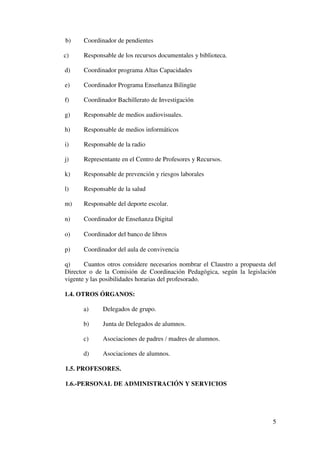 5
b) Coordinador de pendientes
c) Responsable de los recursos documentales y biblioteca.
d) Coordinador programa Altas Capacidades
e) Coordinador Programa Enseñanza Bilingüe
f) Coordinador Bachillerato de Investigación
g) Responsable de medios audiovisuales.
h) Responsable de medios informáticos
i) Responsable de la radio
j) Representante en el Centro de Profesores y Recursos.
k) Responsable de prevención y riesgos laborales
l) Responsable de la salud
m) Responsable del deporte escolar.
n) Coordinador de Enseñanza Digital
o) Coordinador del banco de libros
p) Coordinador del aula de convivencia
q) Cuantos otros considere necesarios nombrar el Claustro a propuesta del
Director o de la Comisión de Coordinación Pedagógica, según la legislación
vigente y las posibilidades horarias del profesorado.
1.4. OTROS ÓRGANOS:
a) Delegados de grupo.
b) Junta de Delegados de alumnos.
c) Asociaciones de padres / madres de alumnos.
d) Asociaciones de alumnos.
1.5. PROFESORES.
1.6.-PERSONAL DE ADMINISTRACIÓN Y SERVICIOS
 