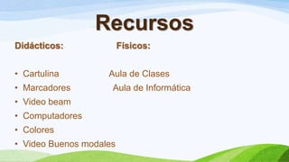 Recursos
Didácticos: Físicos:
• Cartulina Aula de Clases
• Marcadores Aula de Informática
• Video beam
• Computadores
• Colores
• Video Buenos modales
 