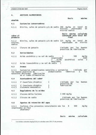 ' .. 
CODEX STAN 89-1981 Pagina 3de 6 
4. AOITIVOS ALIMENTARIOS 
Oosis maxima 
afladida 
4.1 Sustancias conservadoras 
4.1.1 Nitrito, sales de potasio y/o de sodio 200 mg/kg en total de 
nitrito, expresados en 
nitrito s6dico 
sobre el 
producto 
Dosis maXlma calculada 
contenido neto total del 
final 
4.1.2 Nitrito, sales de potasio y/o de sodio 125 mg/kg en total de 
nitrito, expresados en nitrito 
s6dico 
4.1. 3 Cloruro de potasio Limitada por las buenas 
practicas de fabricaci6n 
4.2 Antioxidantes 
4.2.1 Acido asc6rbico y su sal de sodio } 
(expresados 
} acido 
mezclados 
Acido isoasc6rbico y su sal de sodio } 
500 mg/kg 
como 
asc6rbico) solos 0 
4.2.2 
4.3 Aromas 
4.3.1 Sustancias aromatizantes naturales y sustancias Limitada por 
las buenas practicas de aromatizantes identicas a las 
naturales definidas fabricaci6n 
en el Codex Alimentarius 
4.4 Acentuadores del sabor 
4.4.1 
4.4.2 
4.4.3 
} 
5'-Guanilato dis6dico Limitada por las buenas 
practicas de 
}} 
5'-Inosinato dis6dico fabricaci6n 
Glutamato monos6dico 
4.5 Reguladores de la acidez 
4.5.1 
4.5.2 
Glucono-delta-lactona 
Citrato de sodio 
3 000 mg/kg 
Limitada por 1as buenas 
practicas de fabricaci6n 
4.6 Agentes de retenci6n del agua 
4.6.1 Fosfatos (los presentes naturalmente mas los 
(expresados en PO) 
aiiadido~)l 
8 000 mg/kg 
Oosis maxima calculada 
Los fosfatos naturales (mglkg P205) se calculan como 250 x %de proteinas. 
 