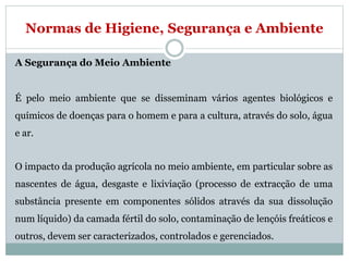 Normas de Higiene, Segurança e Ambiente
A Segurança do Meio Ambiente
É pelo meio ambiente que se disseminam vários agentes biológicos e
químicos de doenças para o homem e para a cultura, através do solo, água
e ar.
O impacto da produção agrícola no meio ambiente, em particular sobre as
nascentes de água, desgaste e lixiviação (processo de extracção de uma
substância presente em componentes sólidos através da sua dissolução
num líquido) da camada fértil do solo, contaminação de lençóis freáticos e
outros, devem ser caracterizados, controlados e gerenciados.
 