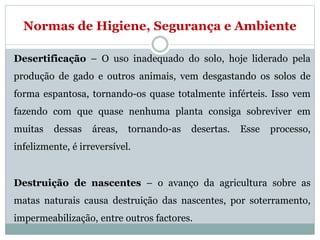 Normas de Higiene, Segurança e Ambiente
Desertificação – O uso inadequado do solo, hoje liderado pela
produção de gado e outros animais, vem desgastando os solos de
forma espantosa, tornando-os quase totalmente inférteis. Isso vem
fazendo com que quase nenhuma planta consiga sobreviver em
muitas dessas áreas, tornando-as desertas. Esse processo,
infelizmente, é irreversível.
Destruição de nascentes – o avanço da agricultura sobre as
matas naturais causa destruição das nascentes, por soterramento,
impermeabilização, entre outros factores.
 