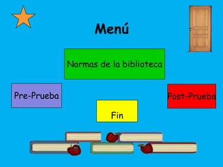 Menú

             Normas de la biblioteca


Pre-Prueba                             Post-Prueba

                       Fin
 