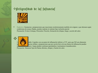 Peligrosidad de las sustancias Explosivo:  Sustancias y preparaciones que reaccionan exotérmicamente también sin oxígeno y que detonan según condiciones de ensayo fijadas, pueden explotar al calentar bajo inclusión parcial. Precaución: Evitar el choque, Percusión, Fricción, formación de chispas, fuego y acción del calor. F ácilmente inflamable: Líquidos con un punto de inflamación inferior a 21ºC, pero que NO son altamente inflamables. Sustancias sólidas y preparaciones que por acción breve de una fuente de inflamación pueden inflamarse fácilmente y luego pueden continuar quemándose ó permanecer incandescentes. Precaución: Mantener lejos de llamas abiertas, chispas y fuentes de calor. 