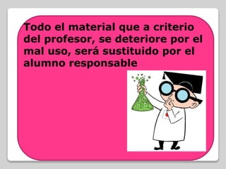 Todo el material que a criterio
del profesor, se deteriore por el
mal uso, será sustituido por el
alumno responsable
 