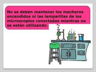 No se deben mantener los mecheros
encendidos ni las lamparillas de los
microscopios conectadas mientras no
se están utilizando.
 