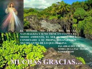 EL HOMBRE NO ES EL REY DE LA
NATURALEZA Y SI NO TIENE EN CUENTA EL
MEDIO AMBIENTE, EL SER HUMANO ESTÁ
CONDENADO A SU PROPIA DESAPARICIÓN
MUCHO ANTES DE LO QUE IMAGINA
                         PALABRAS DEL PREMIO
                         NÓBEL DE LA PAZ MIJAÍL
                         GORBACHOW
 