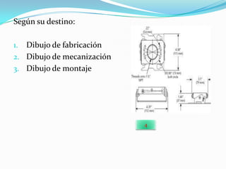 Según su destino:

1. Dibujo de fabricación
2. Dibujo de mecanización
3. Dibujo de montaje




                            4
 