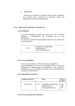 • Otros Usos:
Además de lo señalado, se permitirán todos aquellos establecidos
en el índice para la ubicación de actividades urbanas del
Reglamento Nacional de Construcciones.
3.4.4 ZONAS DE VIVIENDA TALLER I1-R
3.4.4.1 Definición:
Es la zona destinada a vivienda que permite el uso de la Industria
elemental y complementaria (II), compatible con los usos
Residenciales
Los tipos de vivienda taller comprendidos dentro de esta clasificación
son los siguientes:
I1-RI1-R
Unifamiliar./ Multifamiliar
Multifamiliar(*)
Conjunto Residencial
3.4.4.2 Usos compatibles:
En este uso la vivienda y la industria casera son compatibles.
Esta compatibilidad se da con los Usos Residenciales y Comerciales
indicados en la reglamentación correspondiente a estos, además es
compatible con los usos señalados en el índice de Usos del Reglamento
Nacional de Construcciones.
3.4.4.3 Densidades Normativas:
ESTRUCTURACION ZONA D.NETA
HAB/HA
IVB,VA,VC I1- R Unifamiliar./Multifamiliar
Multifamiliar (*)
Conjunto Residencial
1300
1300
2250
3.4.4.4 Área y frente de lote Normativo:
 