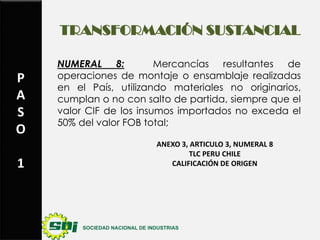 TRANSFORMACIÓN SUSTANCIAL

P
A
S
O
1

NUMERAL 8:
Mercancías resultantes de
operaciones de montaje o ensamblaje realizadas
en el País, utilizando materiales no originarios,
cumplan o no con salto de partida, siempre que el
valor CIF de los insumos importados no exceda el
50% del valor FOB total;
ANEXO 3, ARTICULO 3, NUMERAL 8
TLC PERU CHILE
CALIFICACIÓN DE ORIGEN

 
