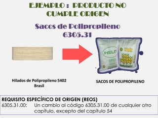 EJEMPLO : PRODUCTO NO
CUMPLE ORIGEN
Sacos de Polipropileno
6305.31

Hilados de Polipropileno 5402
Brasil

SACOS DE POLIPROPILENO

REQUISITO ESPECÍFICO DE ORIGEN (REOS)
6305.31.00: Un cambio al código 6305.31.00 de cualquier otro
capítulo, excepto del capítulo 54

 