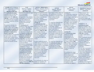 59
ALADI (ACE 22: Bolivia-
Chile y Regionales: Semillas,
PAR, Cultural)
RESOLUCIÓN 252
CAN
(Bolivia, Colombia,
Ecuador y Perú)
DECISION 416
ACE 36 – MERCOSUR
(Bolivia - Argentina, Brasil,
Paraguay y Uruguay)
ANEXO 9
ACE 66
(Bolivia - México)
CAPITULO V
ACE 47
(Bolivia - Cuba)
ANEXO I
Acuerdo de Comercio
(Bolivia - Venezuela)
ANEXO II
Los certificados de origen
expedidos para los fines del
régimen de desgravación
tendrán plazo de validez de
180 días, a contar de la fecha
de certificación por el órgano
o entidad competente del país
exportador.
Sin perjuicio del plazo de
validez a que se refiere el
párrafo anterior, los certifica-
dos de origen no podrán ser
expedidos con antelación a
la fecha de emisión de la
factura comercial
correspondiente a la operación
de que se trate, sino en la
misma fecha o dentro de los
sesenta día siguientes, salvo lo
dispuesto en el segundo
párrafo del artículo noveno.
declaración jurada de origen
a las autoridades
gubernamentales
competentes o las entidades
habilitadas, en el formato a
que hace referencia la
Disposición Transitoria
Primera de la presente
Decisión.
La declaración del
productor tendrá una validez
no superior a dos años, a
menos que antes de dicho
plazo se modifique las
condiciones de producción.
La fecha de certificación
deberá ser coincidente o
posterior a la fecha de
emisión de la factura
comercial. A los fines de la
certificación del origen, en
todos los casos, la factura
comercial deberá
presentarse conjuntamente
con el certificado de origen.
Artículo 14.- Para la
declaración y certificación
del origen de los productos
se utilizará el formulario
adoptado por la ALADI,
hasta tanto se apruebe un
nuevo formulario de
acuerdo con lo previsto en
la Disposición transitoria
primera de la presente
Decisión. El certificado de
origen tendrá una validez de
180 días calendario,
delegar la expedición de los
mismos en otros organismos
públicos o entidades privadas,
que actúen en jurisdicción
nacional o estadual,
provincial o departamental
según corresponda……
Artículo 15:
El certificado de origen
deberá ser emitido, a lo más,
dentro de los 5 días hábiles
siguientes a la presentación
de la solicitud respectiva y
tendrá una validez de 180
días contados desde su
emisión. Dicho certificado
carecerá de validez si no
estuviera debidamente
completado en todos sus
campos.
El plazo establecido para la
validez de los certificados de
origen señalado en el párrafo
anterior podrá ser prorrogado
por el tiempo en que la
mercadería se encuentre
amparada por algún régimen
suspensivo de importación,
que no permita alteración
alguna de la mercadería
objeto de comercio.
(Decimotercer Protocolo
Adicional)
Los certificados de origen no
podrán ser expedidos con
antelación a la fecha de
que ampare el bien objeto de
la exportación sea llenada y
firmada por el productor del
bien y proporcionada
voluntariamente al
exportador.
5. Cada Parte dispondrá que
el certificado de origen
llenado y firmado por el
exportador, ampare:
a) una sola importación de
uno o más bienes; o
b) varias importaciones de
bienes idénticos a realizarse
en un plazo establecido por el
exportador en el certificado
de origen, que no excederá
del plazo establecido en el
párrafo 6.
6. Cada Parte dispondrá que
el certificado de origen sea
aceptado por la autoridad
competente de la Parte
Importadora por un año a
partir de la fecha de su firma.
Artículo 17.
La expedición y control de
la emisión de los certifica-
dos de origen, estará bajo la
responsabilidad de las
autoridades competentes en
cada Parte. Los certificados
de origen, serán expedidos
por dichas autoridades en
fomra directa o por
entidades en quienes se
haya delegado dicha
responsabilidad.
……………….
Artículo 18:
El certificado de origen
deberá ser emitido
oportunamente de
conformidad con lo
establecido en los artículos
16 y 17 y tendrá una validez
de ciento ochenta (180)
días contados a partir de su
emisión. Dicho certificado
carecerá de validez si no
estuviera debidamente
llenado en todos los
campos.
El certificado de origen
deberá llevar el nombre y la
firma autógrafa del
funcionario habilitado por
las Partes para tal efecto, así
como el sello de la entidad
certificadora, debiéndose
consignar en cada
certificado de origen el
―Observaciones‖ del
certificado de origen,
deberá indicarse la fecha
de recepción de la
declaración jurada a que
hace referencia el Artículo
18.
………..
Artículo 17.- El
certificado de origen
deberá ser emitido a mas
tardar durante de los cinco
(5) días hábiles siguientes
a su solicitud y tendrá una
validez de ciento ochenta
(180) días contando
contados a partir de su
emisión.
Dicho certificado carecerá
de validez si no estuviera
debidamente llenado en
todos los campos. El
certificado de origen no
deberá presentar
raspaduras, tachaduras o
enmiendas.
En caso que la mercancía
sea internada, admitida o
almacenada temporalmen-
te bajo control aduanero, o
cuando las mercancías
sean introducidas para
almacenamiento en zonas
francas, en la medida en
que la mercancía salga en
el mismo estado y
condición en que ingresó a
la zona franca, sin alterar
 