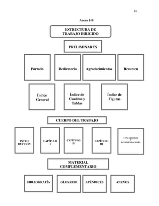 16

                                         Anexo 1-B


                              ESTRUCTURA DE
                             TRABAJO DIRIGIDO


                                 PRELIMINARES




          Portada          Dedicatoria       Agradecimientos            Resumen




            Índice               Índice de                  Índice de
            General              Cuadros y                   Figuras
                                  Tablas



                       CUERPO DEL TRABAJO



                                                                      CONCLUSIONES
 INTRO          CAPÍTULO       CAPÍTULO              CAPÍTULO              Y
                                                                    RECOMENDACIONES
DUCCIÓN             I             II                    III




                              MATERIAL
                           COMPLEMENTARIO



    BIBLIOGRAFÍA            GLOSARIO         APÉNDICES           ANEXOS
 