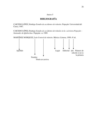 26



                                       Anexo 5

                                BIBLIOGRAFÍA

CAICEDO LÓPEZ, Rodrigo Estudio de accidentes de tránsito. Popayán: Universidad del
Cauca, 1987.

CAICEDO LÓPEZ, Rodrigo Estudio de accidentes de tránsito en la carretera Popayán –
Santander de Quiliochao. Popayán: s.e 1989.

MARTÍNEZ MÁRQUEZ, Luis Control de tránsito. México: Limusa, 1999, 4ª ed.




   Apellido                                       Lugar    Editorial año Número de
                                                                      edición si no es
                                                                           la primera
                     Nombre
                         Título en cursiva
 