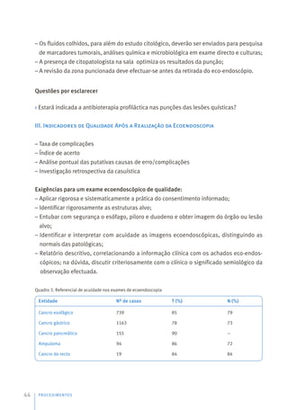 – Os fluidos colhidos, para além do estudo citológico, deverão ser enviados para pesquisa
de marcadores tumorais, análises química e microbiológica em exame directo e culturas;
– A presença de citopatologista na sala optimiza os resultados da punção;
– A revisão da zona puncionada deve efectuar-se antes da retirada do eco-endoscópio.
Questões por esclarecer
› Estará indicada a antibioterapia profiláctica nas punções das lesões quísticas?
III. Indicadores de Qualidade Após a Realização da Ecoendoscopia
– Taxa de complicações
– Índice de acerto
– Análise pontual das putativas causas de erro/complicações
– Investigação retrospectiva da casuística
Exigências para um exame ecoendoscópico de qualidade:
– Aplicar rigorosa e sistematicamente a prática do consentimento informado;
– Identificar rigorosamente as estruturas alvo;
– Entubar com segurança o esófago, piloro e duodeno e obter imagem do órgão ou lesão
alvo;
– Identificar e interpretar com acuidade as imagens ecoendoscópicas, distinguindo as
normais das patológicas;
– Relatório descritivo, correlacionando a informação clínica com os achados eco-endos-
cópicos; na dúvida, discutir criteriosamente com o clínico o significado semiológico da
observação efectuada.
Quadro 3. Referencial de acuidade nos exames de ecoendoscopia
PROCEDIMENTOS
44
Entidade
Cancro esofágico
Cancro gástrico
Cancro pancreático
Ampuloma
Cancro do recto
Nº de casos
739
1163
155
94
19
T (%)
85
78
90
86
84
N (%)
79
73
--
72
84
 