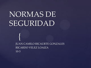 NORMAS DE
SEGURIDAD
  {
 JUAN CAMILO RICAURTE GONZALES
 RICARDO VELEZ LOAIZA
 10-3
 