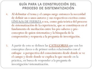 GUÍA PARA LA CONSTRUCCIÓN DEL
            PROCESO DE SISTEMATIZACIÓN
4.   Al delimitar el tema y el campo surge entonces la necesidad
     de definir un o unos autores y sus respectivos escritos como
     LÍNEA(S) DE FUERZA o sea, como guía teórica del proceso
     de sistematización de la experiencia, que se constituyen en el
     fundamento de mediación entre los pre-saberes y pre-
     conceptos de quien sistematiza y la búsqueda de la
     comprensión y respuesta a la pregunta de investigación.

5.   A partir de esto se definen las CATEGORIAS que son los
     conceptos claves o de primer orden relacionados con el
     enfoque o perspectiva del conocimiento desde donde se ve
     el campo y desde donde se explica lo que sucede en la
     práctica, en busca de responder a la pregunta de
     investigación/sistematización.
 