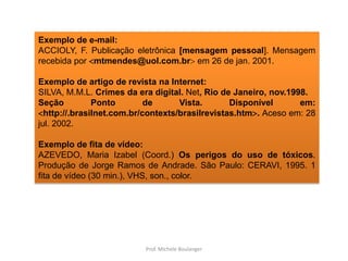 Exemplo de e-mail:ACCIOLY, F.Publicação eletrônica [mensagem pessoal]. Mensagem recebida por mtmendes@uol.com.br em 26 de jan. 2001.Exemplo de artigo de revista na Internet:SILVA, M.M.L. Crimes da era digital. Net, Rio de Janeiro, nov.1998.Seção Ponto de Vista. Disponível em: http://.brasilnet.com.br/contexts/brasilrevistas.htm. Aceso em: 28 jul. 2002.Exemplo de fita de vídeo:AZEVEDO, Maria Izabel (Coord.) Os perigos do uso de tóxicos.Produção de Jorge Ramos de Andrade. São Paulo: CERAVI, 1995. 1 fita de vídeo (30 min.), VHS, son., color.Prof. Michele Boulanger