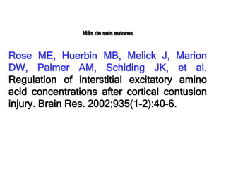 Más de seis autores
Rose ME, Huerbin MB, Melick J, Marion
DW, Palmer AM, Schiding JK, et al.
Regulation of interstitial excitatory amino
acid concentrations after cortical contusion
injury. Brain Res. 2002;935(1-2):40-6.
 