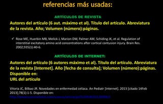 Autores del artículo (6 aut. máximo et al). Título del artículo. Abreviatura
de la revista. Año; Volumen (número):páginas.
✓ Rose ME, Huerbin MB, Melick J, Marion DW, Palmer AM, Schiding JK, et al. Regulation of
interstitial excitatory amino acid concentrations after cortical contusion injury. Brain Res.
2002;935(1):40-6.
ARTÍCULOS DE REVISTA:
ARTÍCULOS DE INTERNET:
Autores del artículo (6 autores máximo et al). Título del artículo. Abreviatura
de la revista [Internet]. Año [fecha de consulta]; Volumen (número):páginas.
Disponible en:
URL del artículo
Vitoria JC, Bilbao JR. Novedades en enfermedad celíaca. An Pediatr [Internet]. 2013 [citado 14Feb
2013];78(1):1‐5. Disponible en:
http://www.sciencedirect.com/science/article/pii/S1695403312003815
referencias más usadas:
 