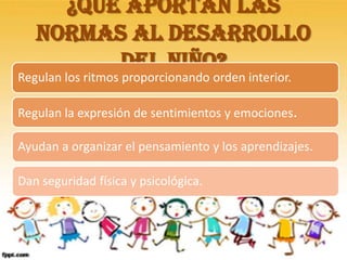 ¿Qué aportan las
   normas al desarrollo
         del niño?
Regulan los ritmos proporcionando orden interior.

Regulan la expresión de sentimientos y emociones.

Ayudan a organizar el pensamiento y los aprendizajes.

Dan seguridad física y psicológica.
 