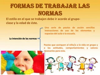 Formas de trabajar las
           normas
El estilo en el que se trabajen debe ir acorde al grupo-
clase y la edad de éste.
                               Una serie de pautas de acción sencillas
                               Instrucciones de uso de los elementos y
                               espacios del aula o la escuela.
  La intención de las normas

                               Pautas que acerquen al niño/a a la vida en grupo y
                               a las actitudes, comportamientos y valores
                               necesarios para esta.
 