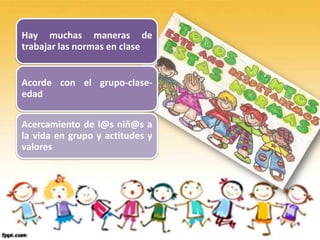 Hay muchas maneras de
trabajar las normas en clase
Acorde con el grupo-clase-
edad
Acercamiento de l@s niñ@s a
la vida en grupo y actitudes y
valores
 