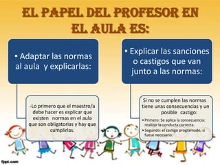 El papel del profesor en
el aula es:
▪ Adaptar las normas
al aula y explicarlas:
-Lo primero que el maestro/a
debe hacer es explicar que
existen normas en el aula
que son obligatorias y hay que
cumplirlas.
▪ Explicar las sanciones
o castigos que van
junto a las normas:
Si no se cumplen las normas
tiene unas consecuencias y un
posible castigo:
•Primero: Se aplica la consecuencia:
realizar la conducta correcta.
•Segundo: el castigo programado, si
fuese necesario.
 