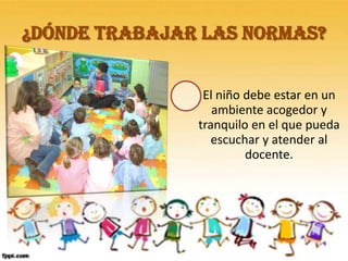 El niño debe estar en un
ambiente acogedor y
tranquilo en el que pueda
escuchar y atender al
docente.
¿DÓNDE TRABAJAR LAS NORMAS?
 