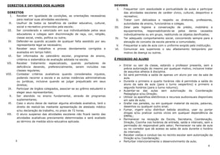DIREITOS E DEVERES DOS ALUNOS                                                DEVERES
                                                                                I. Frequentar com assiduidade e pontualidade às aulas e participar
 DIREITOS                                                                          das atividades escolares de caráter cívico, cultural, desportivo e
   I.   Receber em igualdade de condições, as orientações necessárias              recreativo;
        para realizar suas atividades escolares;                               II. Tratar com delicadeza e respeito os diretores, professores,
  II.   Usufruir de todos os benefícios de caráter educativo, cultural,            autoridades de ensino, funcionários e colegas.
        social e recreativo promovidos pela escola;                           III. Zelar pela higiene e conservação de prédio, mobiliário e
 III.   Ser considerado e valorizado em sua individualidade pelos seus             equipamentos, responsabilizando-se pelos danos causados
        educadores e colegas sem discriminação de raça, cor, religião,             individualmente ou em grupo, restituindo os objetos danificados;
        classe social, credo, política ou outra;                              IV.  Ter adequado comportamento social, concorrendo sempre para a
 IV.    Defender-se quando acusado de qualquer falta assistido por seu             elevação do conceito da escola perante a comunidade;
        representante legal se necessário;                                     V.  Frequentar a sala de aula com o uniforme exigido pela instituição;
  V.    Receber seus trabalhos e provas devidamente corrigidos e              VI.  Comunicar aos superiores o seu afastamento temporário por
        avaliados em tempo hábil;                                                  motivo de doença ou outros.
 VI.    Ser informados do calendário escolar, programas de ensino,
        critérios e sistemática de avaliação adotada na escola;               É PROIBIDO AO ALUNO
VII.    Receber tratamento especializado, quando portadores de
                                                                                    Entrar ou sair da classe, estando o professor presente, sem a
        deficiência devendo, preferencialmente, serem incluídos nas
                                                                                    prévia autorização do mesmo por qualquer motivo, inclusive tratar
        classes regulares;                                                          de assuntos alheios à disciplina.
VIII.   Contestar critérios avaliativos quando considerados injustos,               Só será permitida a saída de apenas um aluno por vez da sala de
        podendo recorrer a escola e as outras instâncias administrativas            aula.
        ou jurídicas, inclusive quando se julgar prejudicado em seus                Durante o primeiro e quarto horários não é permitida a saída do
        direitos;                                                                   aluno da sala de aula (para o turno vespertino) e primeiro e
 IX.    Participar de órgãos colegiados, associar-se ao grêmio estudantil e         segundo horários (para o turno noturno);
                                                                                    Ausentar-se das aulas sem autorização da Coordenação
        eleger seus representantes;
                                                                                    Pedagógica e/ou Direção;
  X.    Ser atendido no ensino fundamental, através de programas                    Utilizar os aparelhos eletrônicos e recursos audiovisuais disponíveis
        suplementares;                                                              em sala de aula;
 XI.    Caso o aluno deixe de realizar alguma atividade avaliativa, terá o          Grafar nas paredes, ou em qualquer material da escola, palavras,
        direito de realizá-las mediante apresentação de atestado médico             desenhos ou qualquer outro sinal;
        e/ou declaração de trabalho, no prazo de 72 horas.                          Fumar, ingerir e/ou distribuir bebida alcoólica, usar ou portar
                                                                                    drogas e/ou praticar outros vícios em qualquer dependência da
XII.    O aluno suspenso das atividades escolares não ficará isento das
                                                                                    EMPAL;
        atividades avaliativas previamente determinadas e será avaliado
                                                                                    Permanecer na recepção da Escola, Secretaria, Coordenação,
        ao término da medida sócio-educativa aplicada.                              Direção, Cozinha nos horários de entrada, saída e intervalo, sem a
                                                                                    permissão do responsável pelo setor; Permanecer na sala de aula
                                                                                    ou no corredor que dá acesso as salas de aula durante o horário
                                                                                    do intervalo;
                                                                                    Receber visitas e conduzi-las no recinto escolar sem autorização da
                                                                                    Direção e/ou Coordenação;
        3                                                                           Perturbar intencionalmente o desenvolvimento da aula;
                                                                                                                                                     4
 