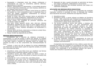 Desrespeitar a integridade moral dos colegas, professores e             5. Reparação de dano, quando provocado ao patrimônio da Escola,
      colaboradores por meio de comentários, palavras ofensivas,                 dos colegas, professores, colaboradores ou de terceiros;
      depreciativas ou injuriosas;                                            6. Suspensão temporária das atividades escolares caso esteja com
      Difamar, externamente ou internamente, a comunidade educativa              vestimenta inadequada.
      ou seus integrantes verbalmente, por meio impresso, eletrônico ou
      por qualquer outra forma de mídia;                                   APLICAÇÃO DAS MEDIDAS SÓCIO-EDUCATIVAS
      Brigar, agredir fisicamente ou cometer outras formas de violência           O não cumprimento dos deveres e a transgressão das proibições
      que possam ter como conseqüência dano à integridade física ou        implicarão, conforme a gravidade da falta, na aplicação das medidas
      moral dos colegas, professores, colaboradores ou terceiros,          sócio-educativas aos alunos, obedecendo aos seguintes critérios:
      provocadas dentro da EMPAL;
      Roubar ou furtar, bem como provocar danos ao patrimônio da              1. Advertência verbal.
      escola, dos colegas, professores, colaboradores ou de terceiros;        2. Advertência escrita, a escola utilizará um Boletim de Ocorrência
      Portar armas ou objetos perigosos dentro do recinto escolar;               Escolar - BOE, preenchido pelo Professor/Coordenador/Direção. A
      Formar grupos com finalidade de promover distúrbios nos                    ocorrência será registrada em sua pasta após o responsável tomar
      corredores e pátios da EMPAL;                                              conhecimento e assinar dando ciência do fato.
      Usar boné, utilizar aparelho celular, ipod, disk-man, câmaras           3. Na terceira advertência escrita será pedida a presença dos
      fotográficas, aparelhos de som, jogos ou outros objetos dentro de          pais/responsáveis na escola, na qual permanecerá para
      sala de aula alheia a disciplina. Caso ocorra o professor primeiro         acompanhar seu filho nas atividades escolares por tempo
      irá advertir o aluno, havendo reincidência irá encaminhá-lo à              determinado de acordo com gravidade da falta ou suspensão,
      Coordenação;                                                               devida reincidência dos critérios anteriores ou gravidade da
      Namorar dentro da Escola, observando os limites de contato físico,         mesma. Caso volte a acontecer, será acionado o Conselho Tutelar
      evitando situações de constrangimento;                                     para tomar conhecimento dos fatos e, se necessário, o
      Mascar chiclete nas dependências da EMPAL.                                 acompanhamento das atividades escolares do aluno. Na segunda
                                                                                 suspensão será assinado um termo de compromisso pelos
MEDIDAS SÓCIO-EDUCATIVAS                                                         pais/responsáveis e aluno, estabelecendo o comprometimento com
       Considerando que o exercício da cidadania compreende o                    a não reincidência nas transgressões.
conhecimento e a luta dos direitos e ciência dos deveres, as medidas          4. A terceira suspensão implicará no desligamento do aluno da
sócio-educativas fazem-se necessárias para a manutenção da disciplina e          Escola. Em caso de transgressão considerada grave o aluno será
o bem-estar coletivo e deverão ser aplicadas diante da violação dos              desligado automaticamente.
preceitos da ética e do não cumprimento dos deveres/proibições do
aluno.                                                                            O julgamento das transgressões em leve, média ou grave deve ser
       Contudo, o aluno que não se adequar às normas estabelecidas         precedido de análise que considere as circunstâncias dos fatos, causas,
pelo Regimento da Escola estará sujeito às seguintes sanções, de acordo    consequências e intencionalidade, que poderá atenuar ou agravar a falta
com a gravidade das faltas:                                                cometida. Sua classificação é de competência daquele que aplicar a
                                                                           medida sócio-educativa e ajuizada pelo Conselho Escolar.
   1. Advertência verbal, para faltas leves que interferem nas Normas
      Institucionais e prejudicam apenas o próprio infrator;
   2. Advertência escrita, para faltas médias que ferem a moral, os
      valores e as regras de boa convivência ou quando reincidente das
      faltas leves;
   3. Suspensão de 1 (um) a 3 (três) dias, para faltas graves;
   4. Transferência para outro turno ou estabelecimento para faltas
      gravíssimas que colocam em risco a segurança dos alunos, dos
      colaboradores e do patrimônio, bem como reincidências de faltas
      leves e médias;                                                                                                                   6
                                                              5
 